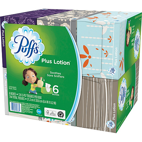 Puffs Plus Lotion Facial Tissue 2 Ply - 8.20" Width x 8.40" Length - White - 124/Box - 6 / Pack (39383)