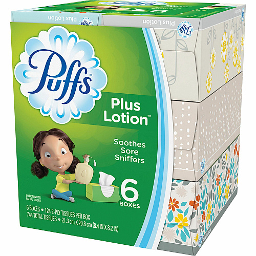 Puffs Plus Lotion Facial Tissue 2 Ply - 8.20" Width x 8.40" Length - White - 124/Box - 6 / Pack (39383)
