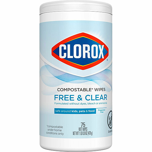 Clorox Free & Clear Compostable All Purpose Cleaning Wipes 4.25" Length x 4.25" Width - Fragrance-free, Dye-free, Residue-free, Durable - White - 75/Tub - 6 / Carton (32486CT)