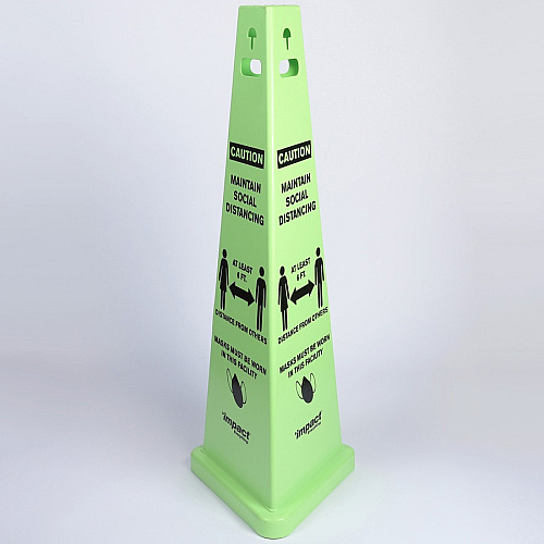 Impact TriVu Social Distancing 3 Sided Safety Cone Print/Message "Caution Maintain Social Distancing, At Least 6 Ft Distance from Others, Masks Must Be Worn in this Facility" - 14.8" Width x 40" Height - Cone Shape - Three-sided, UV Protected  (9140SMKIT)