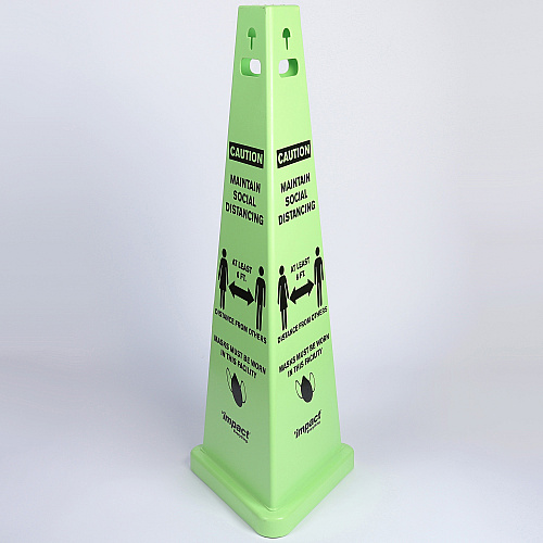 Impact TriVu Social Distancing 3 Sided Safety Cone Print/Message "Caution Maintain Social Distancing, At Least 6 Ft Distance from Others, Masks Must Be Worn in this Facility" - 14.8" Width x 40" Height - Cone Shape - Three-sided, UV Protected  (9140SMKIT)