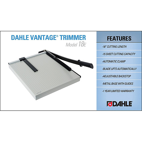 Dahle Vantage 18e Guillotine Paper Trimmer 15 Sheet Cutting Capacity - 18" Cutting Length - 2.5" Height x 26" Width x 15.5" Length - Sturdy, Spring-action Handle, Adjustable Back Stop, Alignment Grid - Metal - Gray - 4 / Carton (40018)