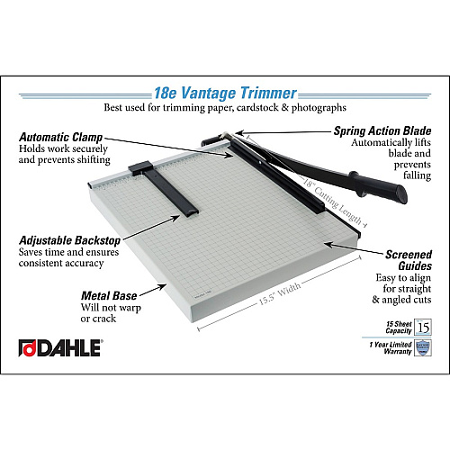 Dahle Vantage 18e Guillotine Paper Trimmer 15 Sheet Cutting Capacity - 18" Cutting Length - 2.5" Height x 26" Width x 15.5" Length - Sturdy, Spring-action Handle, Adjustable Back Stop, Alignment Grid - Metal - Gray - 4 / Carton (40018)