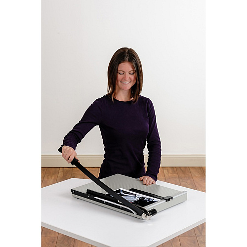 Dahle Vantage 18e Guillotine Paper Trimmer 15 Sheet Cutting Capacity - 18" Cutting Length - 2.5" Height x 26" Width x 15.5" Length - Sturdy, Spring-action Handle, Adjustable Back Stop, Alignment Grid - Metal - Gray - 4 / Carton (40018)
