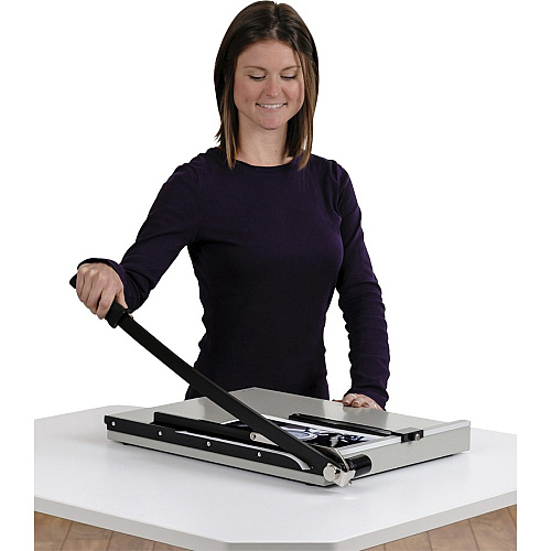 Dahle Vantage 18e Guillotine Paper Trimmer 15 Sheet Cutting Capacity - 18" Cutting Length - 2.5" Height x 26" Width x 15.5" Length - Sturdy, Spring-action Handle, Adjustable Back Stop, Alignment Grid - Metal - Gray - 4 / Carton (40018)