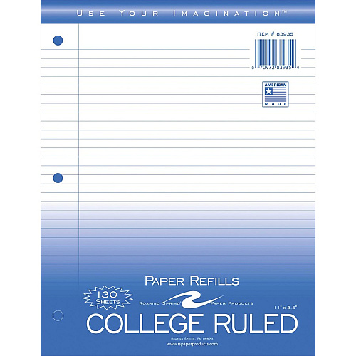 Roaring Spring College Ruled Filler Paper 130 Sheets - 260 Pages - Printed - Ring - Both Side Ruling Surface - College Ruled Front Ruling - Red Margin - 3 Hole(s) - 15 lb Basis Weight - 56 g/m² Grammage - Letter - 8 1/2" x 11" Sheet Size -  (83935CS)