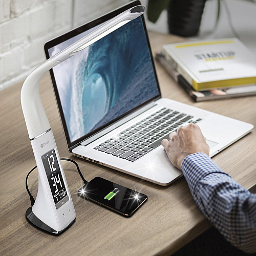 OttLite Thrive LED Desk Lamp with Clock and Sanitizing 10" Height x 2.6" Width - LED Bulb - USB Charging, Flexible Neck, Clock, Sanitizing - Desk Mountable - White - for Furniture, Desk, Office, Home, Dorm (SCEY700S)