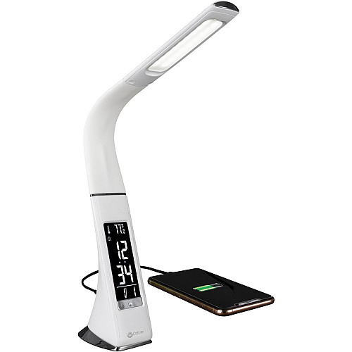 OttLite Thrive LED Desk Lamp with Clock and Sanitizing 10" Height x 2.6" Width - LED Bulb - USB Charging, Flexible Neck, Clock, Sanitizing - Desk Mountable - White - for Furniture, Desk, Office, Home, Dorm (SCEY700S)