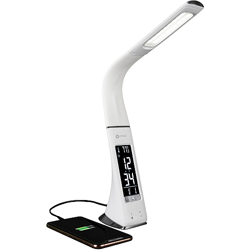 OttLite Thrive LED Desk Lamp with Clock and Sanitizing 10" Height x 2.6" Width - LED Bulb - USB Charging, Flexible Neck, Clock, Sanitizing - Desk Mountable - White - for Furniture, Desk, Office, Home, Dorm (SCEY700S)