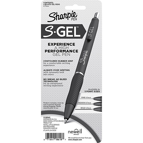 Sharpie S-Gel Pens 0.7 mm Pen Point - Black Ink - Gel-based - Fashion Blue Barrel - 4 / Pack (2126213)