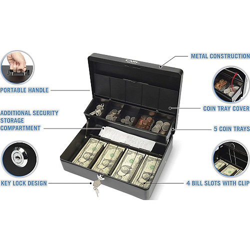 CARL Bill Slots Steel Security Cash Box 4 Bill - 5 Coin - Steel - Black - 3.5" Height x 10" Width x 7" Depth (82011)