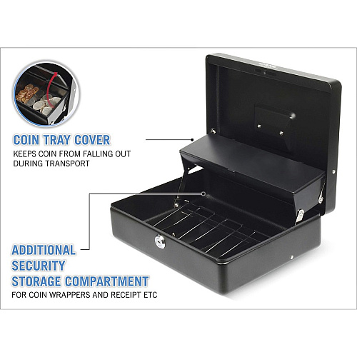 CARL Bill Slots Steel Security Cash Box 4 Bill - 5 Coin - Steel - Black - 3.5" Height x 10" Width x 7" Depth (82011)