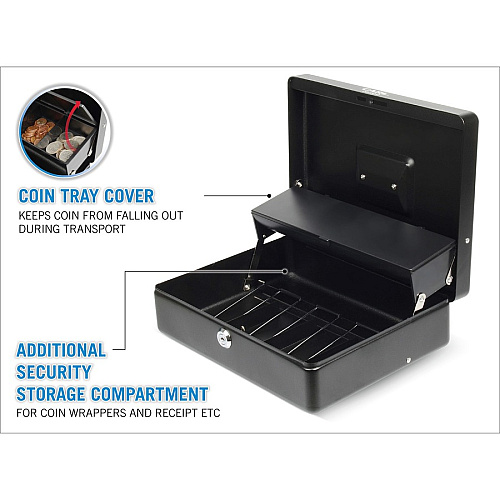 CARL Bill Slots Steel Security Cash Box 4 Bill - 5 Coin - Steel - Black - 3.5" Height x 10" Width x 7" Depth (82011)