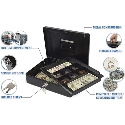 CARL Bill Tray Steel Security Cash Box Steel - Black - 4" Height x 9" Width (82012)