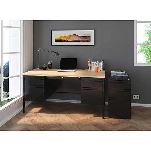Lorell Fortress Series Double-Pedestal Desk 30" Height x 60" Width x 29.5" Depth, x 1.1" Thickness Top, 0.8" Height Modesty PanelFile Drawer(s) - Double Pedestal - Square Edge - Material: Steel - Finish: Black (LLR60930)