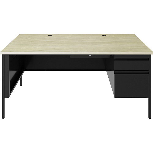 Lorell Fortress Series 66" Right-Pedestal Desk 30" Height x 66" Width x 29.5" Depth, 0.8" Height Modesty Panel, x 1.1" Thickness Top - Single Pedestal on Right Side - Square Edge - Material: Steel - Finish: Black (LLR66906)