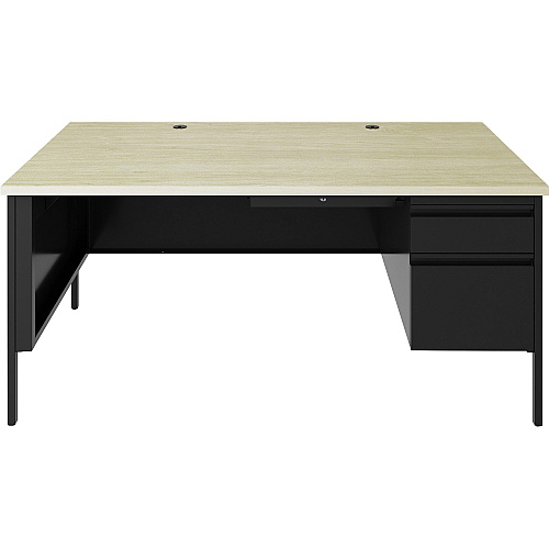 Lorell Fortress Series 66" Right-Pedestal Desk 30" Height x 66" Width x 29.5" Depth, 0.8" Height Modesty Panel, x 1.1" Thickness Top - Single Pedestal on Right Side - Square Edge - Material: Steel - Finish: Black (LLR66906)