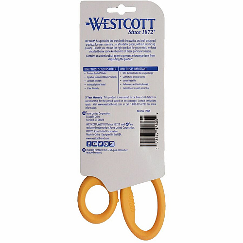 Westcott 8" Titanium Bonded Antimicrobial Scissors Left/Right - Titanium - Straight Tip - Gray/Yellow - 1 Each (17805)