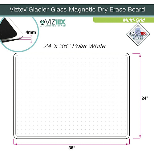 Viztex&reg; Glacier White Multi-Purpose Grid Glass Dry Erase Board 24" x 36" 36" (3 ft) Width x 24" (2 ft) Height - White Tempered Glass Surface - Rectangle - Horizontal/Vertical - Magnetic - Durable, Smudge Resistant, Frameless, Magnetic, M (FCVGM2436WG)
