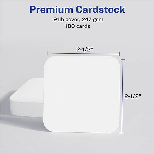 Avery Clean Edge Square Cards, Rounded Corners, 2.5" x 2.5" 145 Brightness - A4 - 8 1/2" x 11" - 91 lb Basis Weight - 247 g/m² Grammage - Matte - Printable, Rounded Corner, Die-cut, Smooth Edge, Print-to-the-edge, Perforated, Avery Clean Edge (35703)