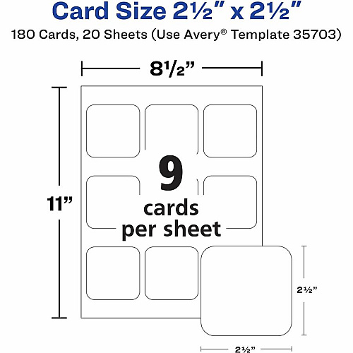 Avery Clean Edge Square Cards, Rounded Corners, 2.5" x 2.5" 145 Brightness - A4 - 8 1/2" x 11" - 91 lb Basis Weight - 247 g/m² Grammage - Matte - Printable, Rounded Corner, Die-cut, Smooth Edge, Print-to-the-edge, Perforated, Avery Clean Edge (35703)