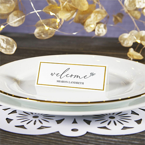 Avery&reg; Place Cards With Gold Border 1-7/16" x 3-3/4" , 65 lbs. 150 Cards 97 Brightness - Letter - 8 1/2" x 11" - 65 lb Basis Weight - 176 g/m² Grammage - Matte - Perforated, Print-to-the-edge, Pre-scored, Micro Perforated, Foldable, Smoot (35701)
