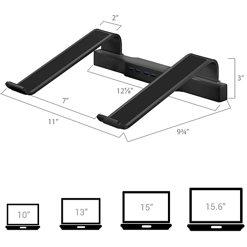 DAC Non-Skid Laptop Stand With 4-Port USB 3.0 Hub Up to 15.60" Screen Support - 20 lb Load Capacity - 3" Height x 12" Width x 9.75" Depth - Aluminum Alloy, Silicone, Acrylonitrile Butadiene Styrene (ABS) - Black - For Notebook - Non-skid, Durable, (21680)