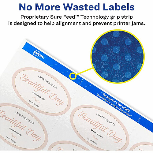 Avery&reg; Sure Feed Printable Glossy White Labels Waterproof - 1 1/2" Widthss x 2 1/2" Length - Permanent Adhesive - Oval - Inkjet, Laser - Glossy White - White - Paper - 18 / Sheet - 18 Total Sheets - 90 Total Label(s) - 90/Pack - 1 Carton (22814)
