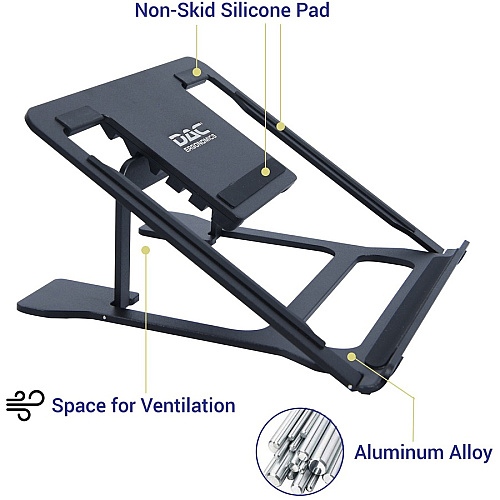 DAC Portable Laptop Stand With 6 Height Levels Notebook, Tablet Support - Aluminum Alloy, Silicon - Black (21688)