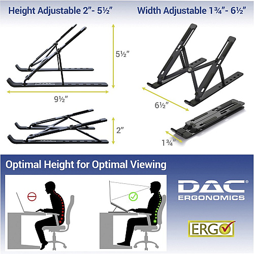 DAC Portable and Adjustable Laptop/Tablet Stand Notebook, Tablet, Cell Phone Support - Aluminum Alloy, Silicon - Black (21684)