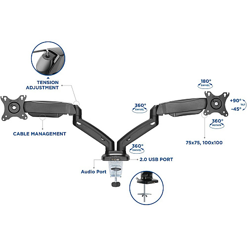 Lorell Mounting Arm for Monitor - Black Height Adjustable - 2 Display(s) Supported - 14.30 lb Load Capacity - 75 x 75, 100 x 100 - 1 Each (LLR99801)