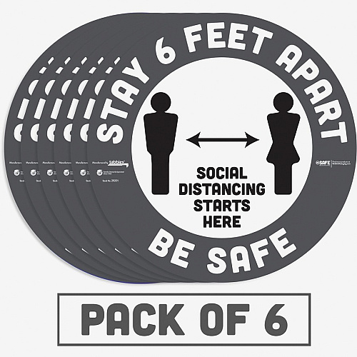 Tabbies BeSafe STAY 6 FEET APART Floor Decals Print/Message "Stay 6 Feet Apart" - 12" Width x 12" Height - Circle Shape - Easy Readability, Removable, Pressure Sensitive, Adhesive, Adjustable, Non-slip - Acrylic, Vinyl - Gray, White - 6 / Pack (29201)