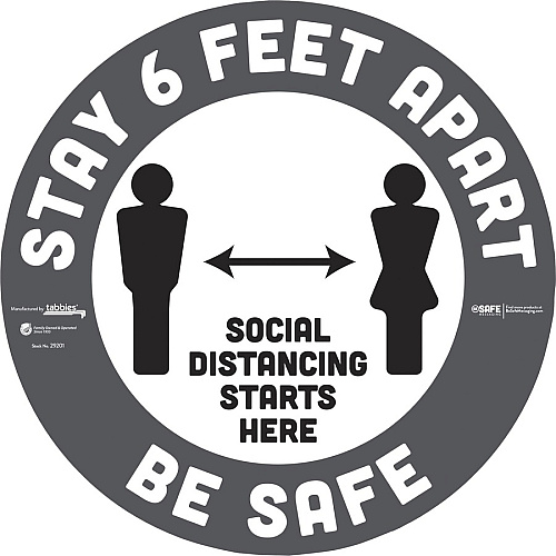Tabbies BeSafe STAY 6 FEET APART Floor Decals Print/Message "Stay 6 Feet Apart" - 12" Width x 12" Height - Circle Shape - Easy Readability, Removable, Pressure Sensitive, Adhesive, Adjustable, Non-slip - Acrylic, Vinyl - Gray, White - 6 / Pack (29201)