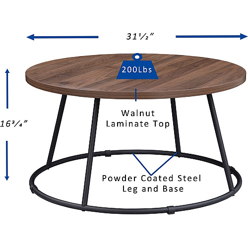 Lorell Accession Coffee Table Walnut Round Top - Powder Coated Four Leg Base - 4 Legs - 200 lb Capacity - 1" Table Top Thickness x 31.50" Table Top Diameter - 16.75" Height - Assembly Required - Laminate Top Material - 1 Each (LLR16259)