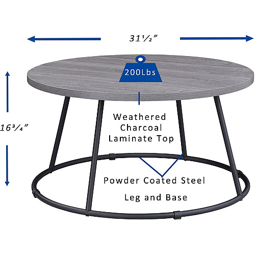 Lorell Accession Coffee Table Round Top - Powder Coated Four Leg Base - 4 Legs - 200 lb Capacity - 1" Table Top Thickness x 31.50" Table Top Diameter - 16.75" Height - Assembly Required - Weathered Charcoal - Laminate Top Material - 1 Each (LLR16260)