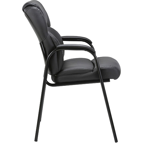 Lorell Low-back Cushioned Guest Chair Black Seat Color - Bonded Leather Seat Material - Black Back Color - Bonded Leather Back Material - Powder Coated Frame Color - Steel Frame Material - High Back - Four-legged Base - Armrest - 1 Each (LLR67002)