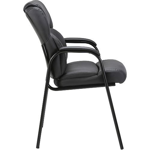 Lorell Low-back Cushioned Guest Chair Black Seat Color - Bonded Leather Seat Material - Black Back Color - Bonded Leather Back Material - Powder Coated Frame Color - Steel Frame Material - High Back - Four-legged Base - Armrest - 1 Each (LLR67002)