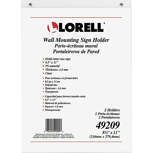 Lorell Wall-Mounted Sign Holders Support 8.50" x 11" Media - Acrylic - Clear - 2 / Pack (LLR49209)