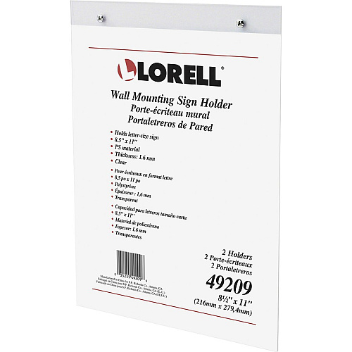 Lorell Wall-Mounted Sign Holders Support 8.50" x 11" Media - Acrylic - Clear - 2 / Pack (LLR49209)