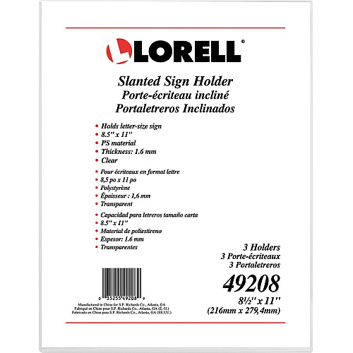 Lorell L-base Slanted Sign Holder Stand Support 8.50" x 11" Media - Acrylic - Clear - 3 / Pack (LLR49208)