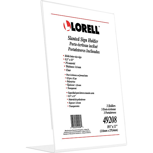 Lorell L-base Slanted Sign Holder Stand Support 8.50" x 11" Media - Acrylic - Clear - 3 / Pack (LLR49208)