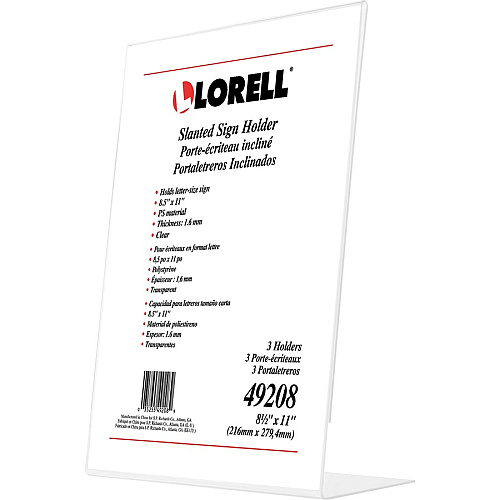 Lorell L-base Slanted Sign Holder Stand Support 8.50" x 11" Media - Acrylic - Clear - 3 / Pack (LLR49208)