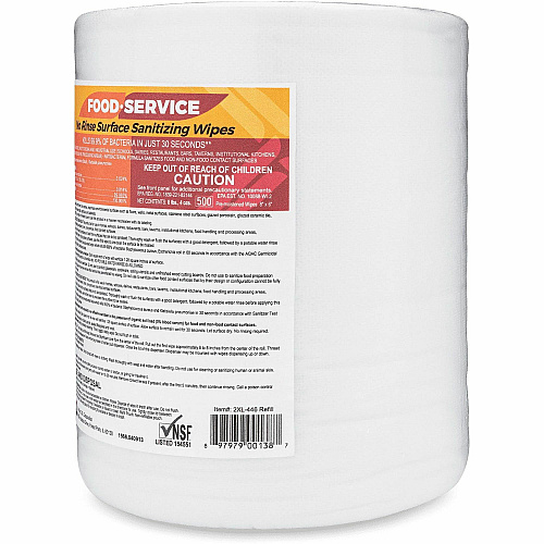 2XL No Rinse Foodservice Sanitizing Wipes 6" Width x 8" Length - White - 500 / Roll (446)