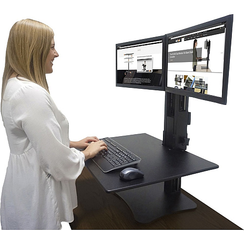 Victor DC350 Dual Monitor Sit-Stand Desk Converter Up to 24" Screen Support - 25 lb Load Capacity - 20" Height x 28" Width x 23" Depth - Desktop, Tabletop - High Pressure Laminate (HPL) - Wood, Steel, Aluminum - Black, Aluminum (DC350A)