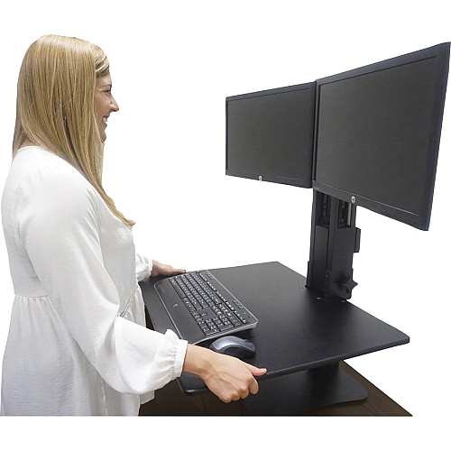 Victor DC350 Dual Monitor Sit-Stand Desk Converter Up to 24" Screen Support - 25 lb Load Capacity - 20" Height x 28" Width x 23" Depth - Desktop, Tabletop - High Pressure Laminate (HPL) - Wood, Steel, Aluminum - Black, Aluminum (DC350A)
