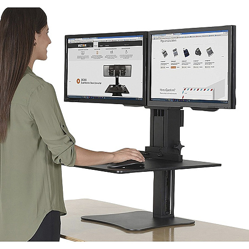 Victor DC350 Dual Monitor Sit-Stand Desk Converter Up to 24" Screen Support - 25 lb Load Capacity - 20" Height x 28" Width x 23" Depth - Desktop, Tabletop - High Pressure Laminate (HPL) - Wood, Steel, Aluminum - Black, Aluminum (DC350A)