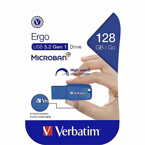 Verbatim 128GB Ergo USB 3.0 Flash Drive - Blue 128 GB - USB 3.0 - Blue - Lifetime Warranty - 1 Each (70880)