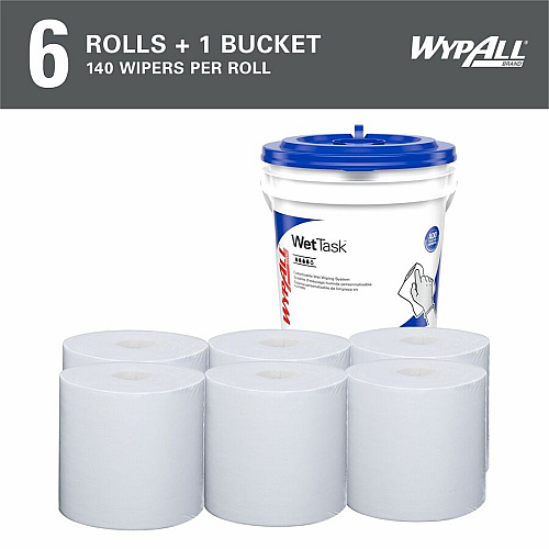 Wypall PowerClean WetTask Wipers for Disinfectants, Sanitizers & Solvents 12" Width x 6" Length - 140 Sheets/Roll - White - Hydroknit - 1 Rolls Per Bucket - 6 / Carton (06211)
