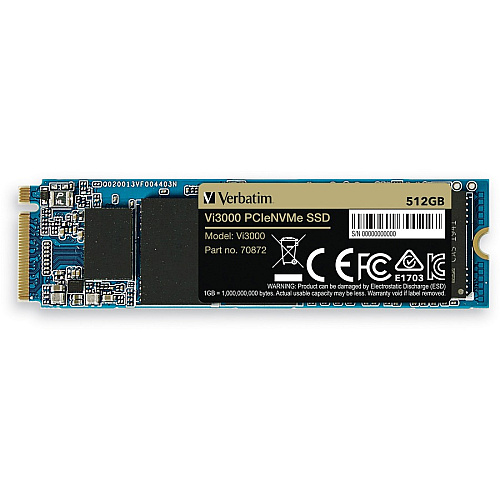 Verbatim Vi3000 512 GB Solid State Drive - M.2 2280 Internal - PCI Express NVMe (PCI Express NVMe 3.0 x4) Notebook, Desktop PC Device Supported - 300 TB TBW - 3000 MB/s Maximum Read Transfer Rate - 5 Year Warranty (70872)