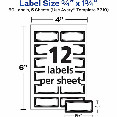 Avery&reg; Durable Labels, 3/4" x 1-3/4" , Black Border, 60 Total (5219) 3/4" Height x 1 3/4" Width - Permanent Adhesive - Rectangle - Matte - White - Film - Water Resistant - 12 / Sheet - 5 Total Sheets - 1080 Total Label(s) - 60/Pack - 18 / Cart (05219)